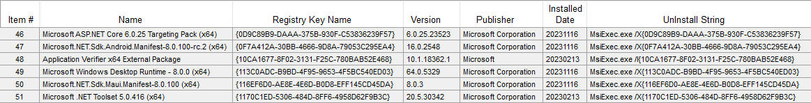 Installed Applications Sample Output
